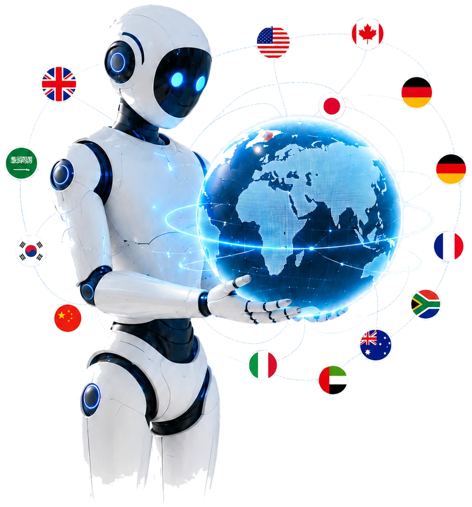 AI robot holding a digital globe surrounded by international flags