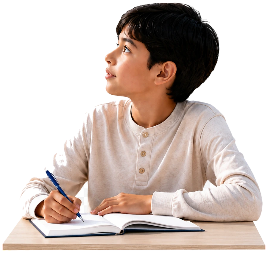 Student looking toward the AI robot and educational frameworks